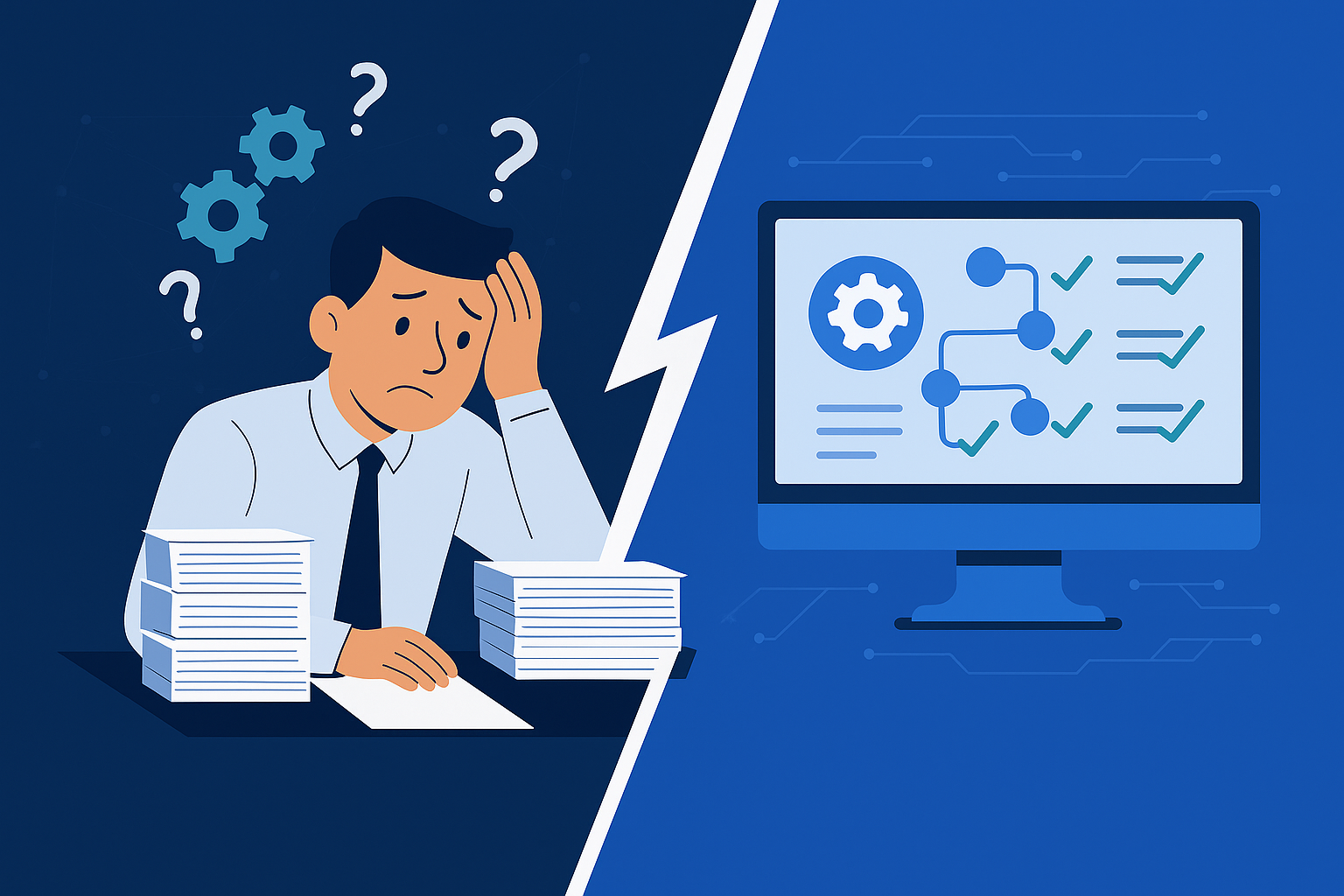 "Illustration of an SMB owner stressed with paperwork contrasted with a clean automated workflow dashboard.