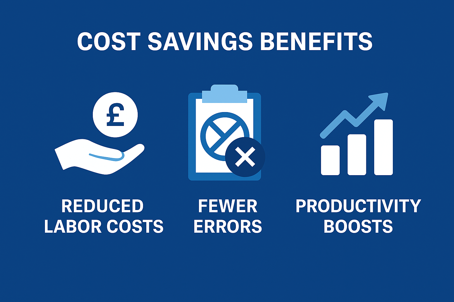 Infographic illustrating three cost-saving benefits of workflow automation: reduced labour costs, fewer errors, and productivity boosts.
