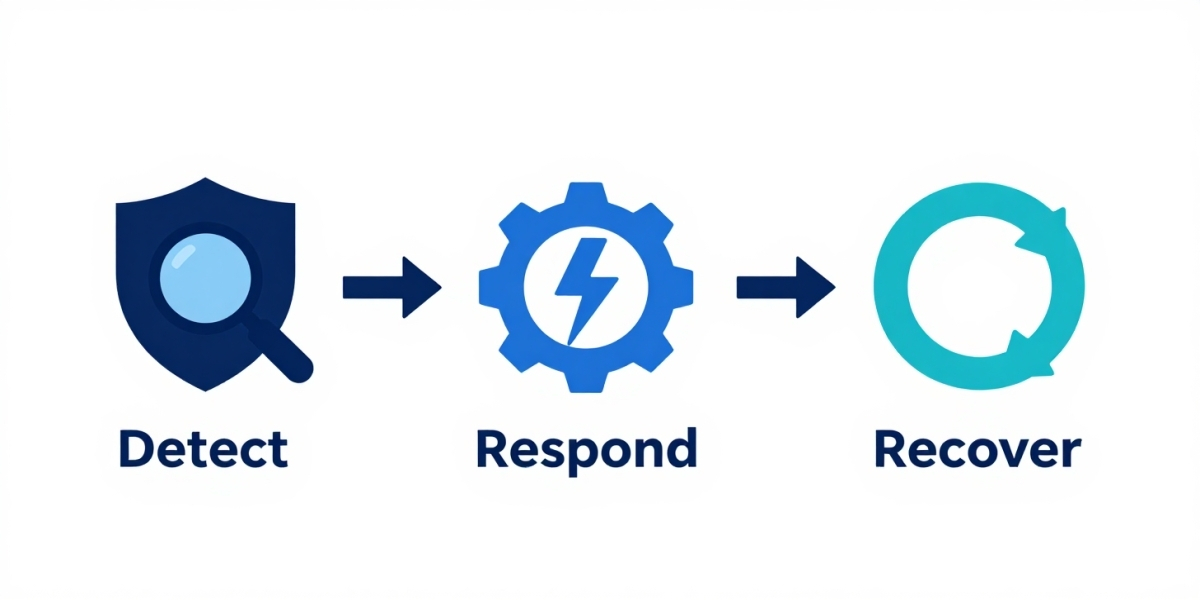 Illustration showing the three stages of cyber resilience — Detect, Respond, and Recover — represented by shield, gear, and circular arrow icons on a digital network background, symbolising how UK businesses manage and recover from cyber incidents.