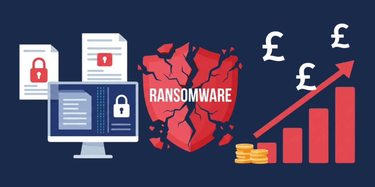 Illustration showing ransomware impact on UK businesses, with locked files, a cracked red shield labelled “RANSOMWARE,” and an upward financial graph with pound symbols and coins representing rising costs.