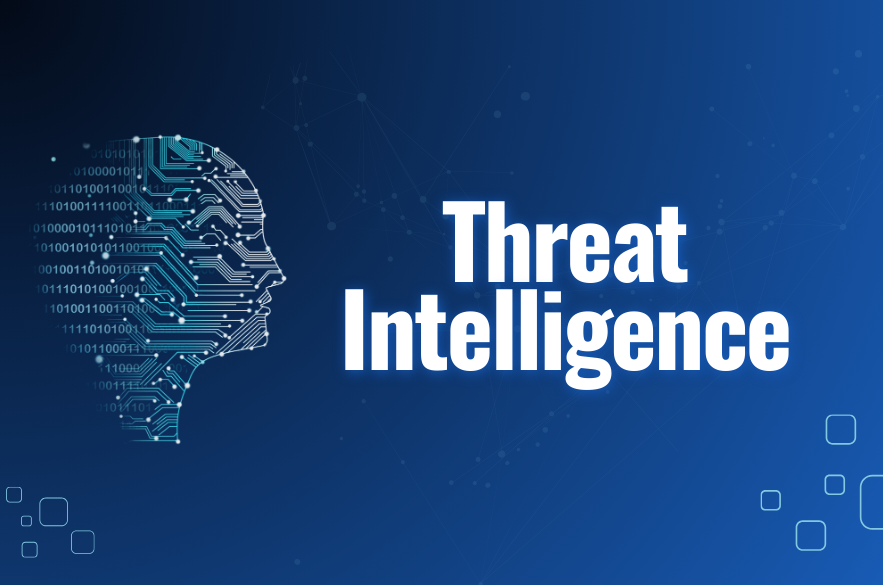 Digital illustration of a human head made of binary code and circuits with text 'Threat Intelligence' representing cybersecurity tools preventing attacks
