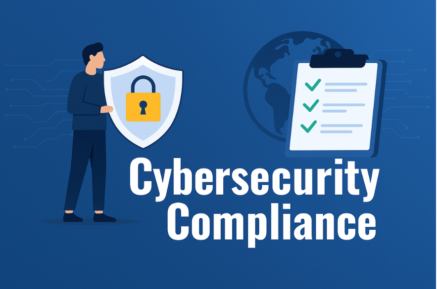 Illustration of a person holding a shield with a padlock next to a compliance checklist, symbolizing cybersecurity compliance and data protection.