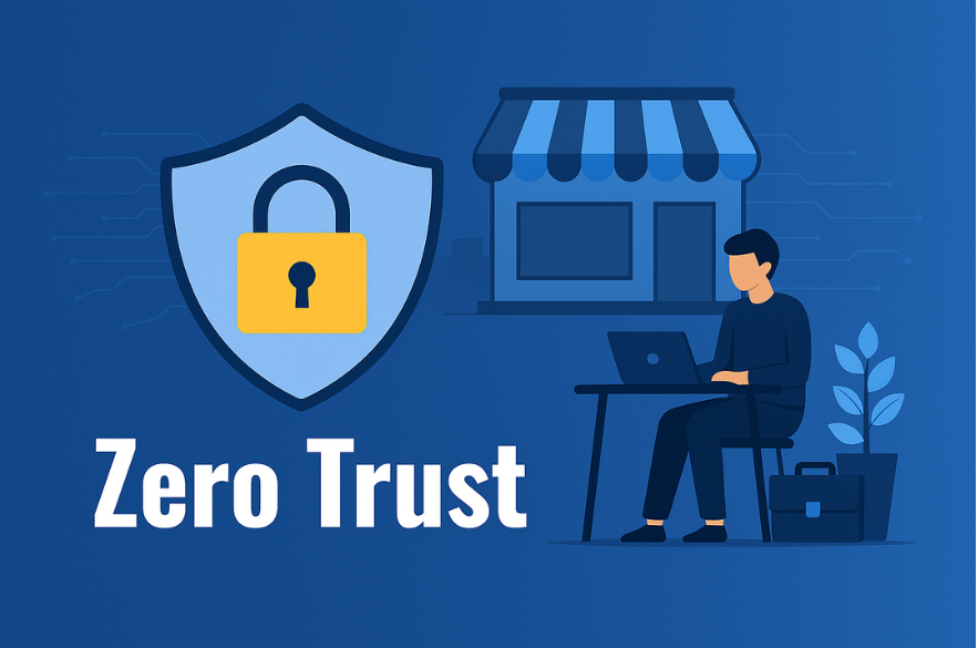 Flat-style blog banner illustration showing Zero Trust security for small businesses with a shield, padlock, and SMB storefront.