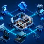 Illustration of a small business technology ecosystem with cloud services, cybersecurity, network infrastructure, email systems, data backup, and connected devices managed through IT services.